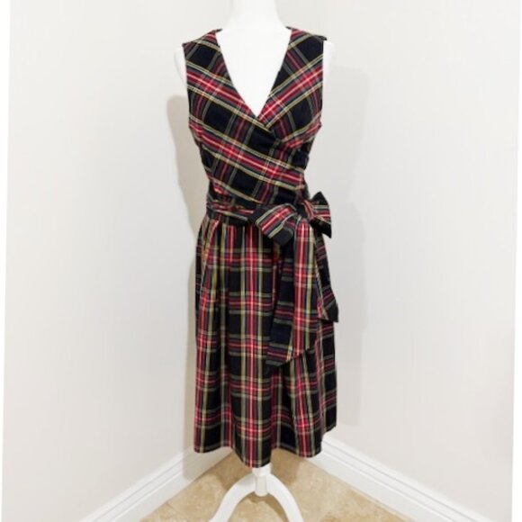J.Crew Tartan V-Neck Wrap Dress in Stewart Tartan Black Sleeveless Size 14 - Picture 1 of 5